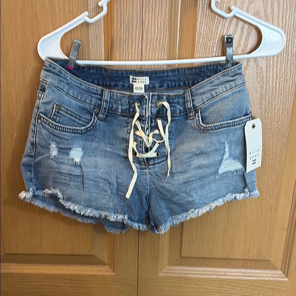 Blue Jean Shorts with Lace-Up Front and Distressed Hem